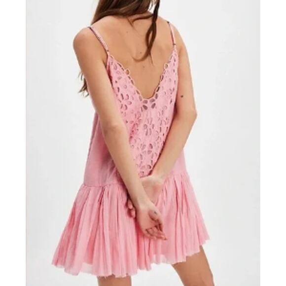 Free People FP One Casella Drop Waist Embroidered Slip Mini Dress Pink XS NWOT - Picture 2 of 7